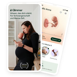 Eine schwangere Frau hält eine Tasse in der Hand und schaut auf ihr Smartphone. Dahinter befindet sich eine Ansicht der Schwangerschafts-App Glimmer. Beide Motive sind als Smartphone-Ansichten dargestellt.