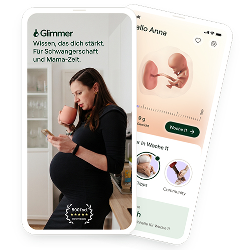 Eine schwangere Frau hält eine Tasse in der Hand und schaut auf ihr Smartphone. Dahinter befindet sich eine Ansicht der Schwangerschafts-App Glimmer. Beide Motive sind als Smartphone-Ansichten dargestellt.